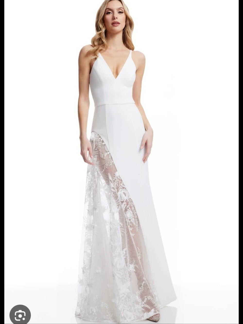 Dress the Population White V-Neck Spaghetti Strap Gown with Lace Panel